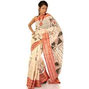  Ivory Hand Painted Sari from Bihar   Pure Cotton 