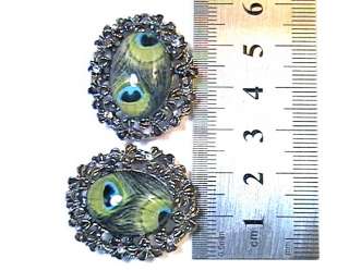 HOLE SLIDER BEADS PEACOCK FEATHER BLUE & GREEN CLEAR CRYSTAL 