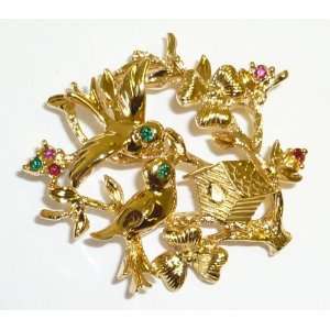  Jewelry Pin   Goldplated Birds with Birdhouse Pin Jewelry