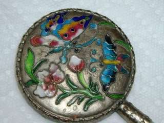   Oriental Chinese Cloisonne Floral Butterfly Hand Mirror ~Jade Handle