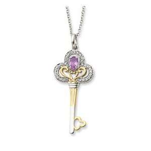   Silver & Gold plated June CZ Birthstone Key 18in Necklace Jewelry