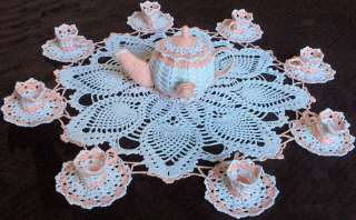 NEW, HANDMADE SOFT PEACH AND WHITE TEAPOT SET CROCHET DOILY   WITH 8 