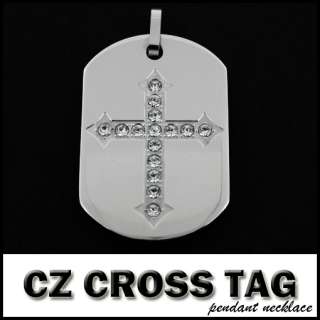 CZ Cross Dog Tag Pendant Necklace Chain Link 316L Steel  