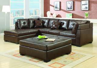 DARIE SECTIONAL SOFA BROWN LEATHER OTTOMAN BUTTON TUFTED CHAISE 
