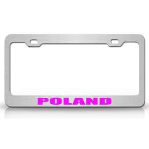 POLAND Country Steel Auto License Plate Frame Tag Holder, Chrome/Pink
