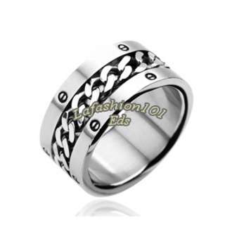 316L Stainless Steel w/Chain Center Bolted Design Mens Wide Band 