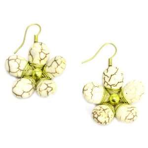  Stone Flower Dangle Earrings; 1.25L; Gold Metal; Beige 