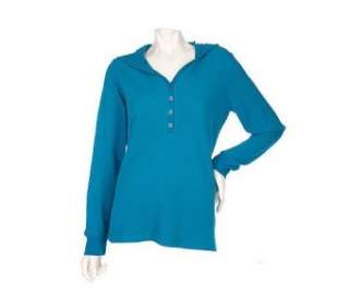 Denim & Co. Long Sleeve Thermal Hooded Henley TEAL Extra Large  