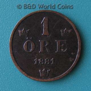 SWEDEN 1881 ONE 1 ORE 16mm Bronze coin KM#750  