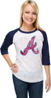 Atlanta Braves Womens Burnout 3/4 Sleeve White/Navy Raglan T Shirt 
