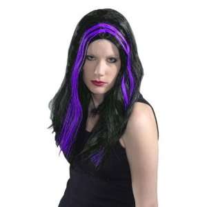  Long Black and Purple Streaked Witch Wig Goth Streaks 
