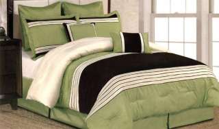 Pc Brown/Sage/Beige Satin Bedding Comforter Set Queen  