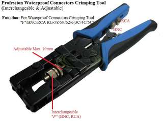Requires coax compression connector tool as pictured below. Click on 