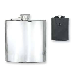   Black Leather Case Polished Stainless Steel 6oz Hip Flask Jewelry