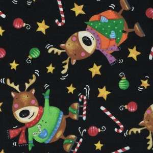 REINDEER & CANDY CANES ON BLACK~ Cotton Quilt Fabric  