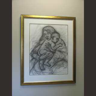 Orig De La Cruz w Sig   Large Charcoal Drawing Mother Holding Baby 