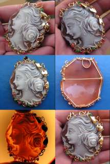 Fine Art Nouveau Carved Shell Cameo Necklace Pendant Brooch Pin SIGNED 