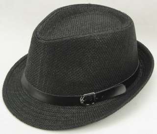 Mens fashion black straw fedora cap trilby hat belt 12  
