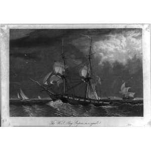  US Brig,PORPISE,in squal,ships sailing,waves,clouds