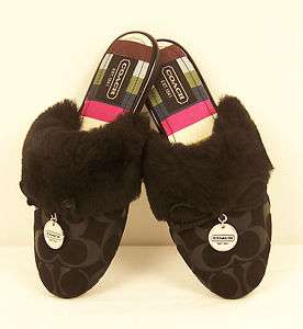 COACH Carra Black Signature C Suede Shearling Slippers Womens Shoes 