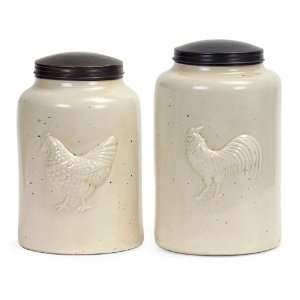 Set of 2 Lidded Ceramic Kitchen Canisters with Rooster Design  