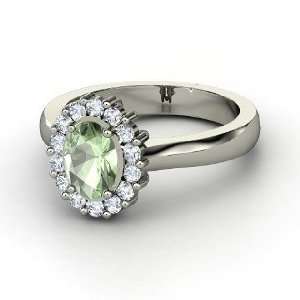 Princess Kate Ring, Oval Green Amethyst 14K White Gold Ring with 