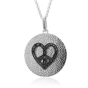 Sterling Silver Heart Peace Sign Black Diamond Pendant Necklace   0.28 