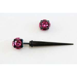Large 2 Inch Cheater Taper Earring With Pink Rhinestone Head   Fashion 