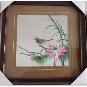 Handmade Silk Embroidery Paint Art   Lotus Flowers and Bird (16x16 