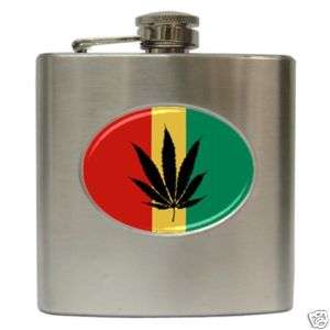 HIP FLASK (6 OZ) Rasta Marijuana Weed Leaf   HF009  