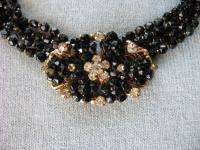 Vintage Miriam Haskell Black Glass Bead 4 Strand Necklace w/ Center 