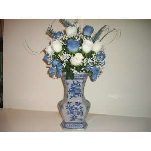  Silk Rose Flower Arrangement (Squared Oriental Vase 