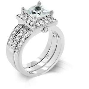  White Gold Rhodium Bonded Bridal Set Rings with a Prong 
