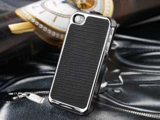 Black Deluxe Snake Flip PU Leather Chrome Case Cover for iPhone 4 4G 