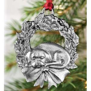  Sleeping Dog and Wreath Pewter Ornament