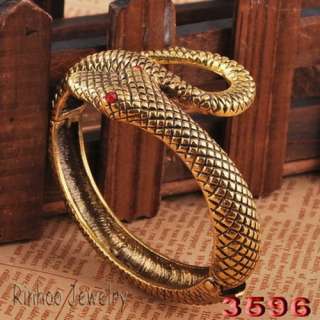 Red Eye Cobra Snake Animal Circle Antique Copper Jewelry Cuff Bangle 