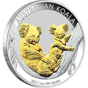 2011 AUSTRALIAN KOALA 1oz 99.9 SILVER $1 *GILDED COIN*  
