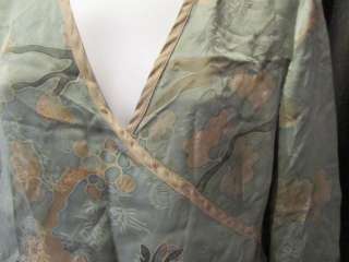CITRON Green Batik Floral Print Washable Silk Surplice Top Shirt M 