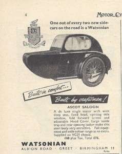 RARE 1953 Watsonian Motorcycle Sidecar Ad  