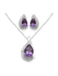 Sterling Silver Pear Amethyst and Diamond Ring, Pendant, Earring Box 