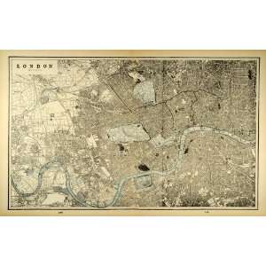 1893 Print Map Antique London City Street England Thames River Regents 