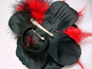 Red and Black Feather Rose Hair Clip Pin and Band  