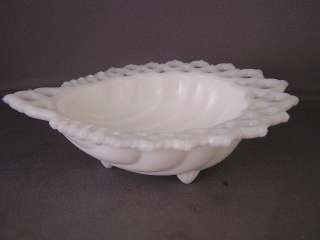 SHELL SHAPED MILK GLASS FOOTED SMALL BOWL LACE BORDER  