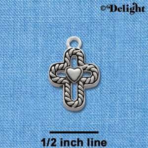  C1307 tlf   Cross with Rope Border and Heart   Silver 