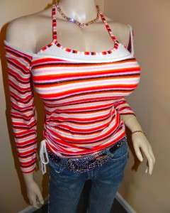 SEXY VIBRANT RED STRIPED OFF SHOULDER HALTER RUCHED FITTED TOP ~ LG 