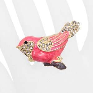  Bird Enamel Crystal Animal Stretch Fashion Ring Pink 