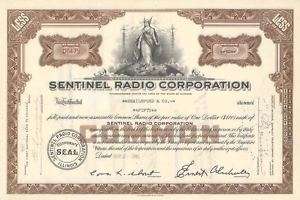 1945 SENTINEL RADIO CORPORATION STOCK CERTIFICATE ILL B  