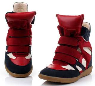 Leather Womens Hidden Wedge Boots Velcro Strap High Top Sneakers Shoes 