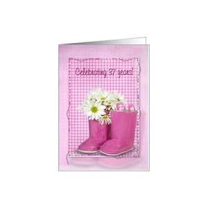  37th birthday, boots, daisy, gingham, birthday, pink Card 