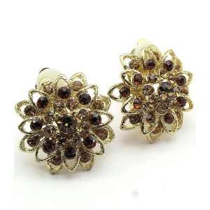   Brown Crystal Flower Gold Clip On Earrings Fashion Jewelry Jewelry